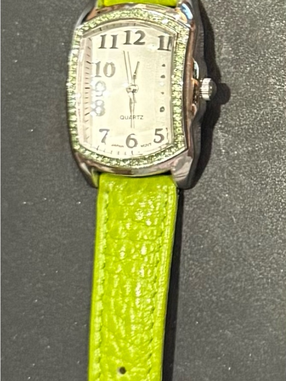 Green Leather Strap Quartz Watch with Rhinestone Bezel